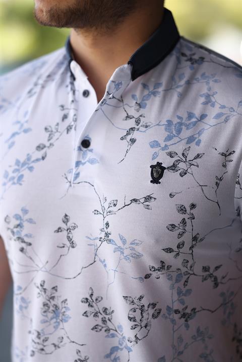 Hümra Beyaz Mavi Yaprak Desenli Slim Fit Polo Yaka Tişört