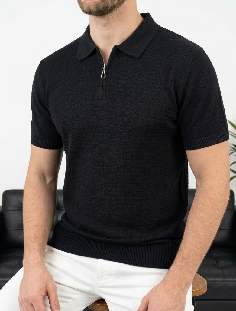 Hümra Siyah Yarım Fermuarlı Triko Polo T-Shirt