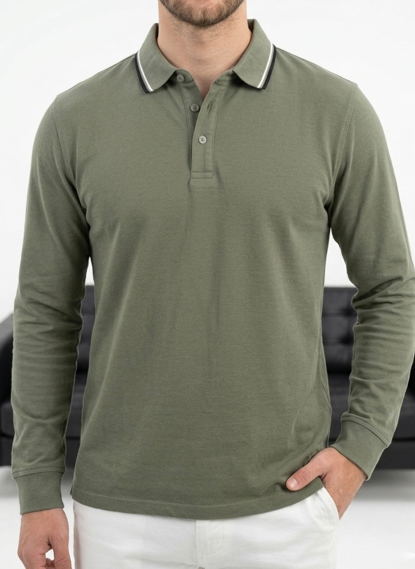 Hümra Haki Polo Yaka Uzun Kollu T-shirt