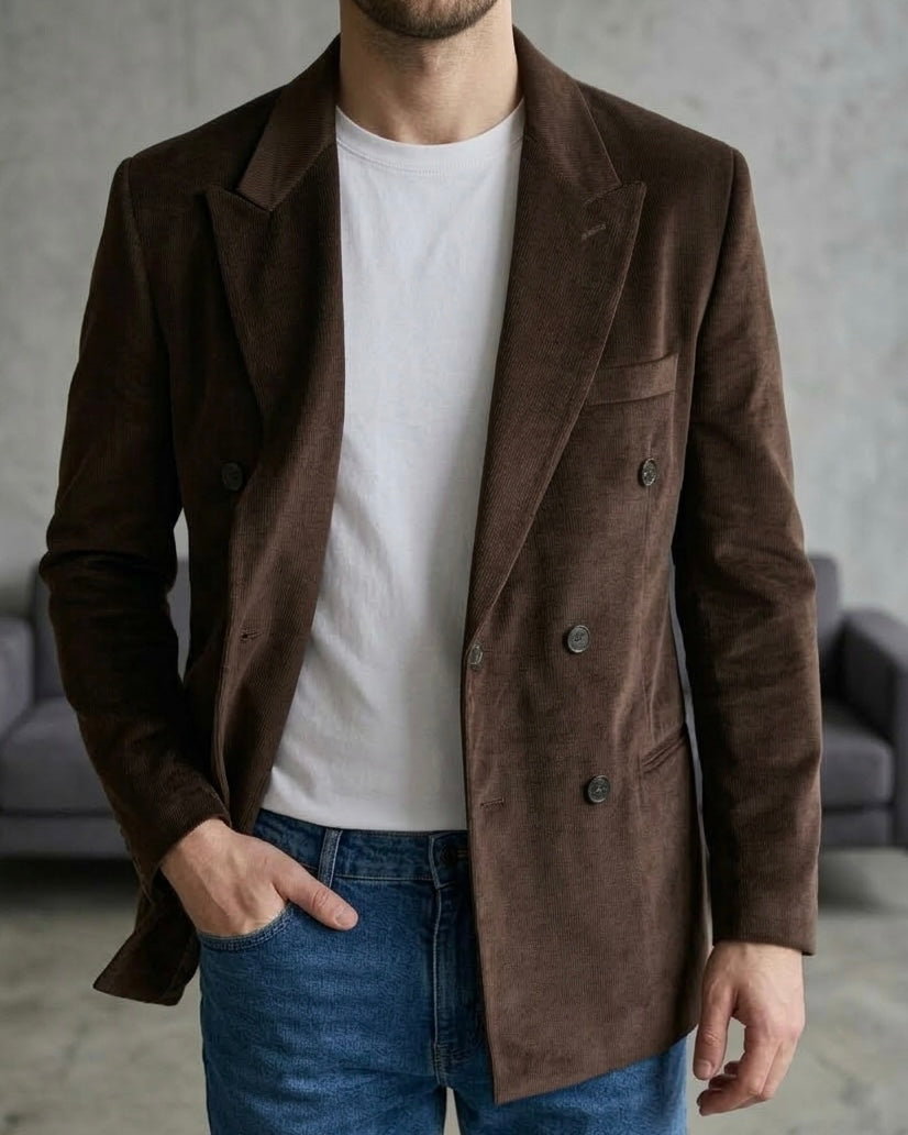 Hümra Kahverengi Fitilli Kadife Kruvaze Blazer Ceket