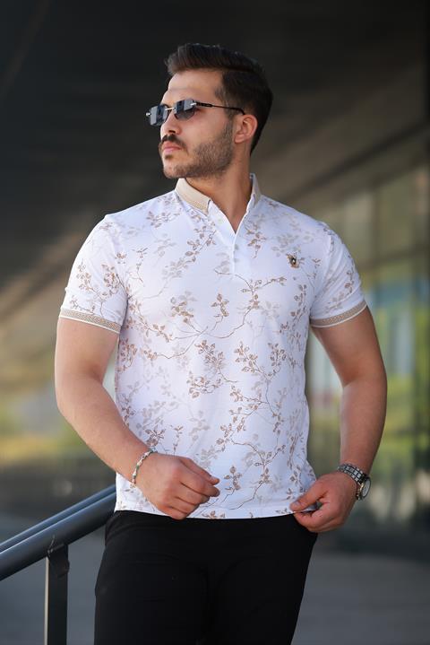 Hümra Beyaz Bej Yaprak Desenli Slim Fit Polo Yaka Tişört