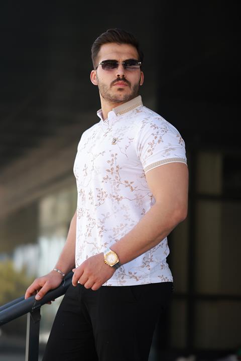 Hümra Beyaz Bej Yaprak Desenli Slim Fit Polo Yaka Tişört