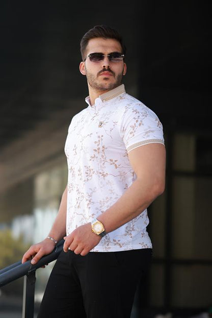 Hümra Beyaz Bej Yaprak Desenli Slim Fit Polo Yaka Tişört