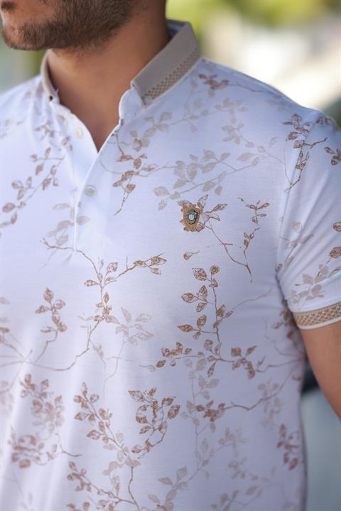 Hümra Beyaz Bej Yaprak Desenli Slim Fit Polo Yaka Tişört
