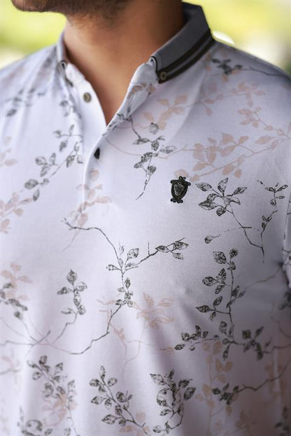Hümra Beyaz Haki Yaprak Desenli Slim Fit Polo Yaka Tişört