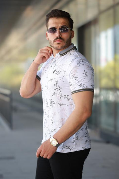 Hümra Beyaz Haki Yaprak Desenli Slim Fit Polo Yaka Tişört
