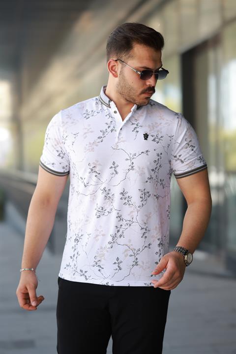 Hümra Beyaz Haki Yaprak Desenli Slim Fit Polo Yaka Tişört