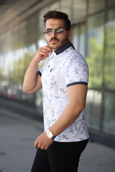 Hümra Beyaz Mavi Yaprak Desenli Slim Fit Polo Yaka Tişört