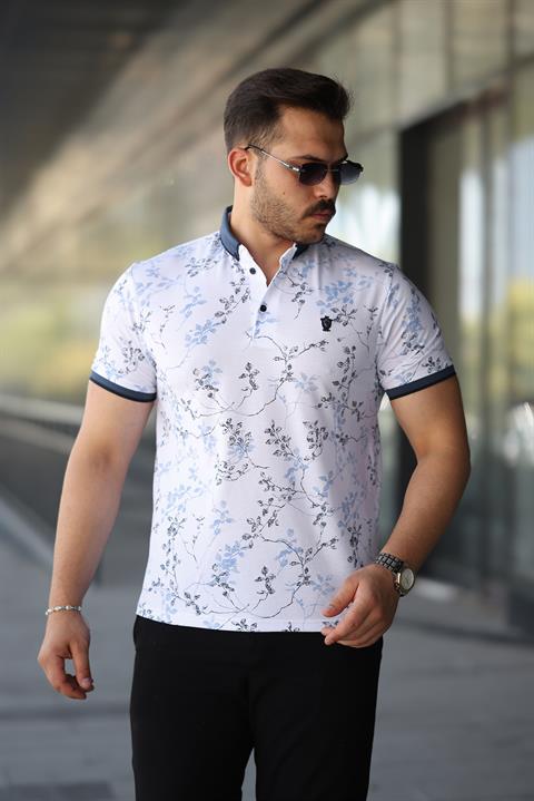 Hümra Beyaz Mavi Yaprak Desenli Slim Fit Polo Yaka Tişört