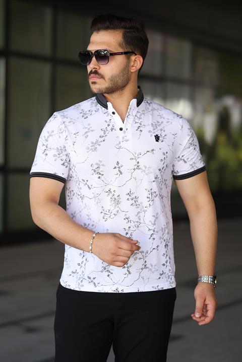 Hümra Beyaz Siyah Yaprak Desenli Slim Fit Polo Yaka Tişört