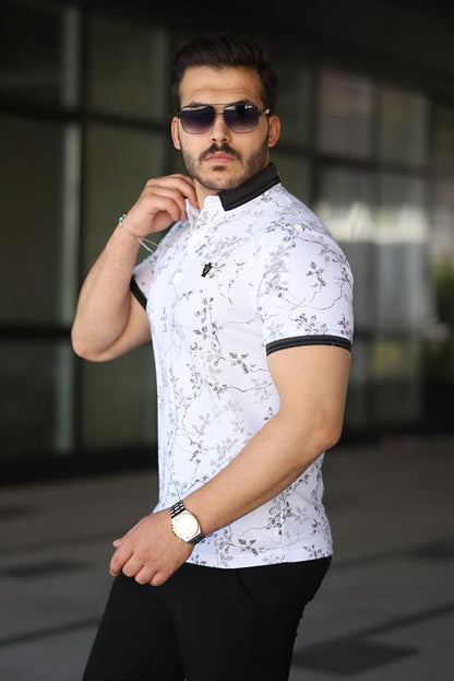 Hümra Beyaz Siyah Yaprak Desenli Slim Fit Polo Yaka Tişört