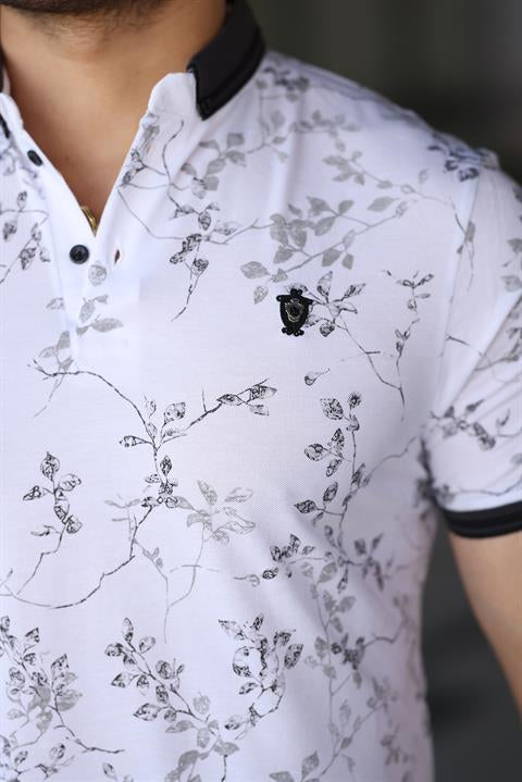 Hümra Beyaz Siyah Yaprak Desenli Slim Fit Polo Yaka Tişört
