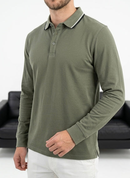 Hümra Haki Polo Yaka Uzun Kollu T-shirt