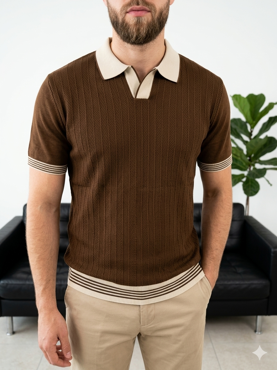 Hümra Kahve Polo Yaka Dokulu Triko T-shirt