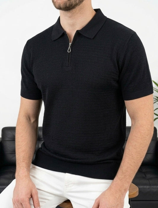 Hümra Siyah Yarım Fermuarlı Triko Polo T-Shirt