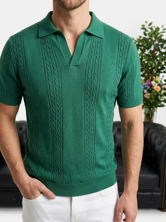Hümra Yeşil Saç Örgü Desenli Triko Polo Yaka T-shirt