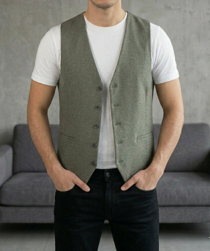 Hümra Haki Düğmeli Slim Fit Yelek