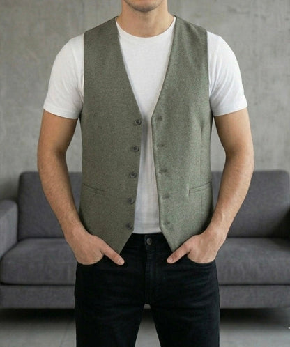 Hümra Haki Düğmeli Slim Fit Yelek