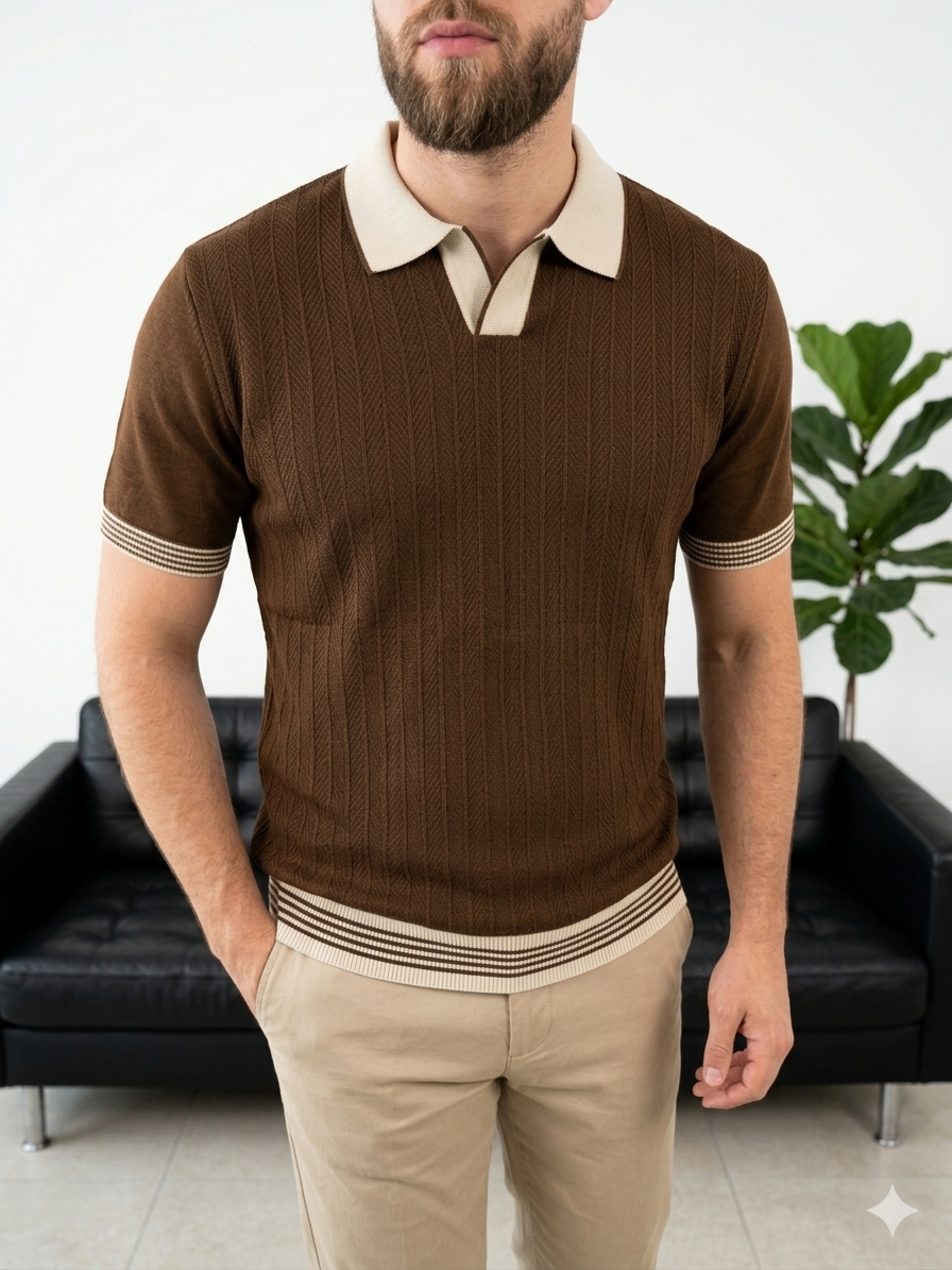 Hümra Kahve Polo Yaka Dokulu Triko T-shirt
