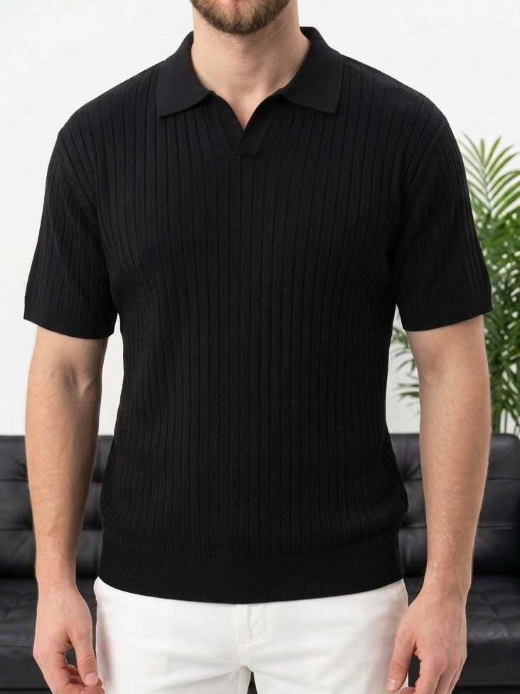 Hümra Siyah Fitilli Örgü Polo Yaka Triko Tişört