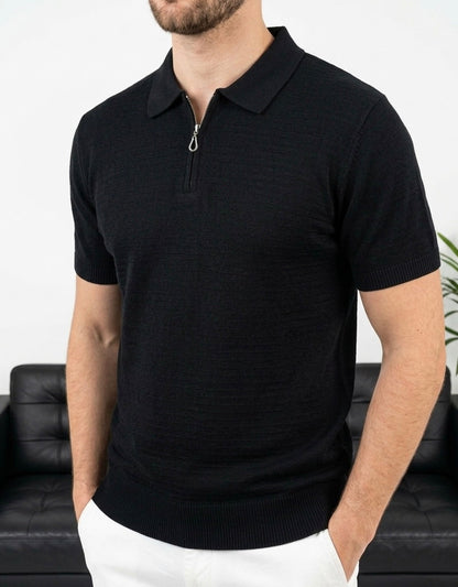 Hümra Siyah Yarım Fermuarlı Triko Polo T-Shirt