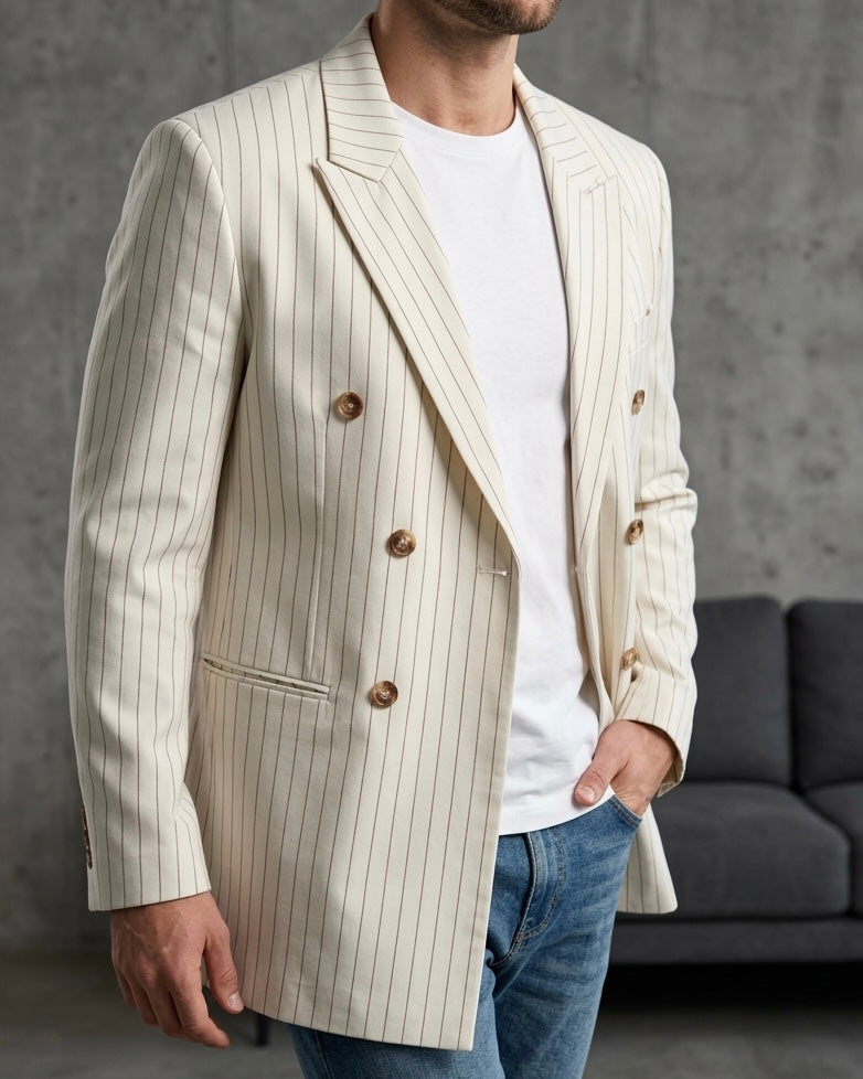 Hümra Krem Rengi Çizgili Kruvaze Blazer Ceket