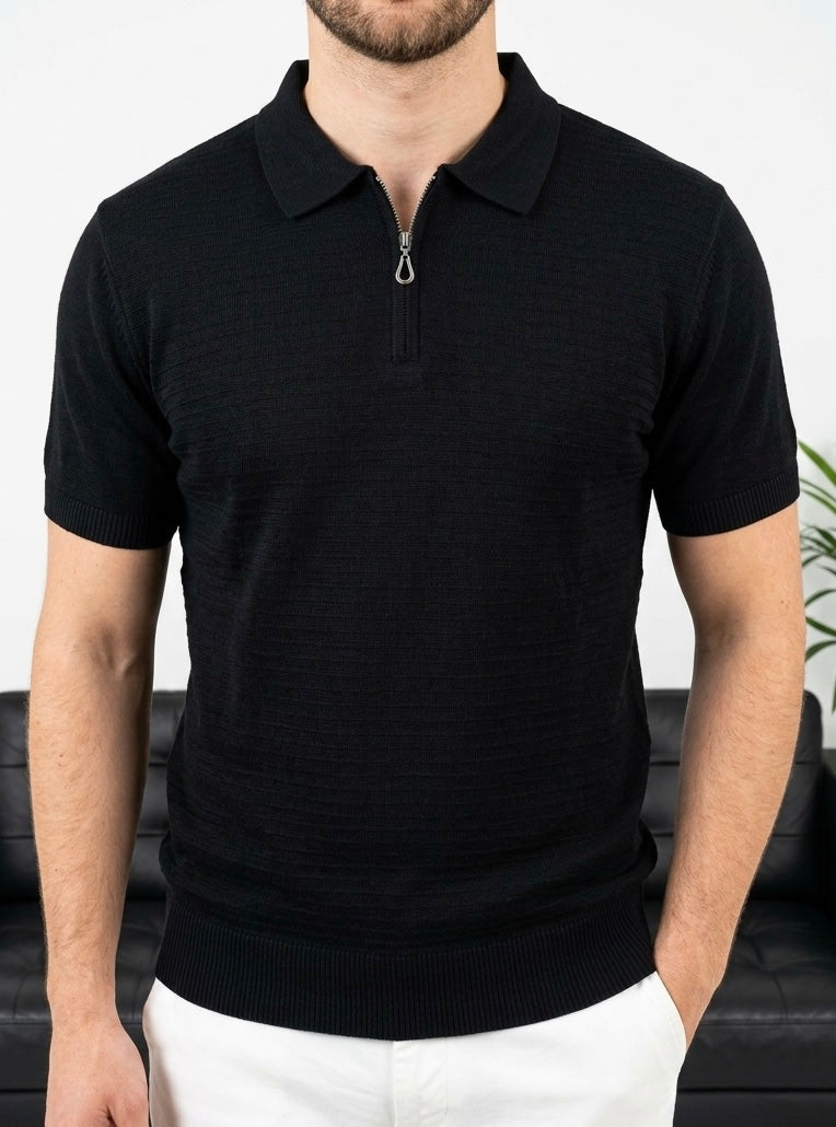 Hümra Siyah Yarım Fermuarlı Triko Polo T-Shirt