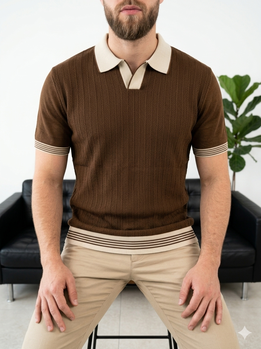 Hümra Kahve Polo Yaka Dokulu Triko T-shirt