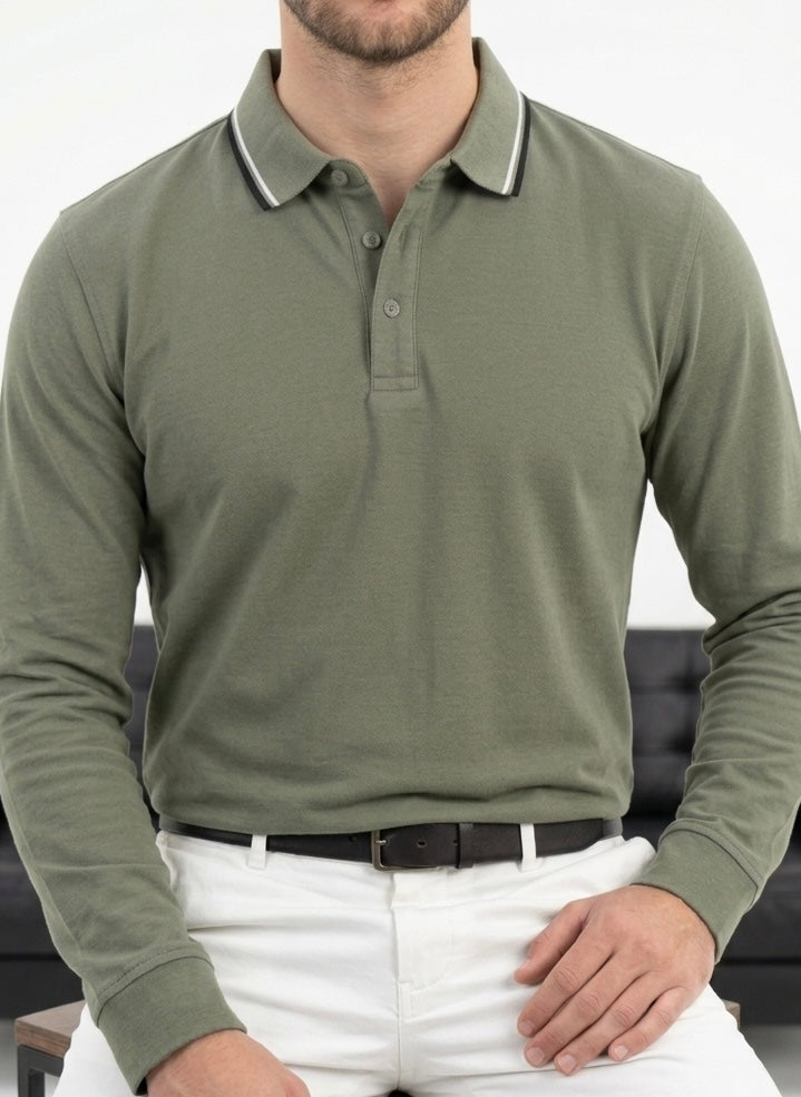 Hümra Haki Polo Yaka Uzun Kollu T-shirt