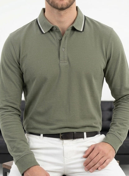Hümra Haki Polo Yaka Uzun Kollu T-shirt