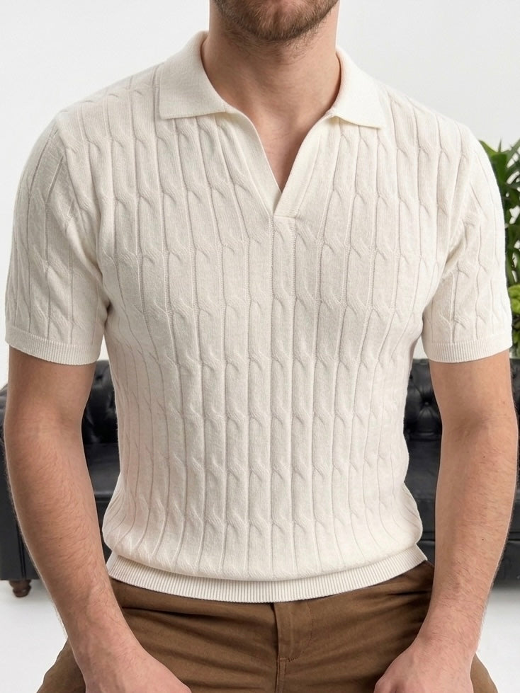 Hümra Ekru Dokulu Polo Yaka Triko T-shirt