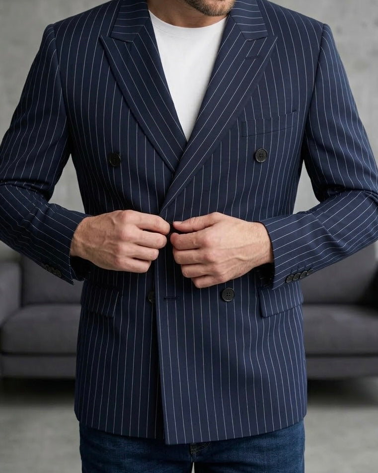 Hümra Lacivert Çizgili Kruvaze Blazer Ceket