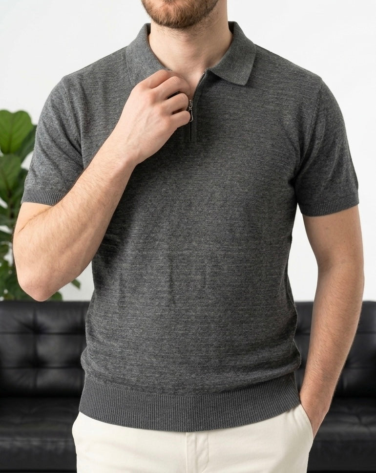 Hümra Antrasit Yarım Fermuarlı Triko Polo T-Shirt