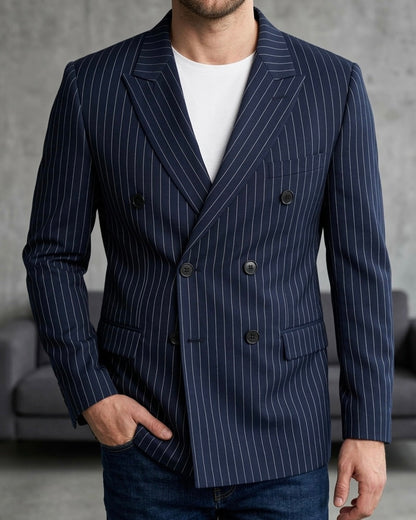 Hümra Lacivert Çizgili Kruvaze Blazer Ceket