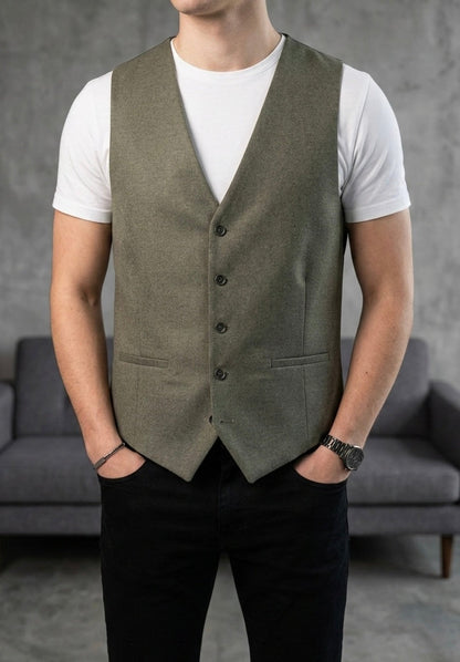Hümra Haki Düğmeli Slim Fit Yelek