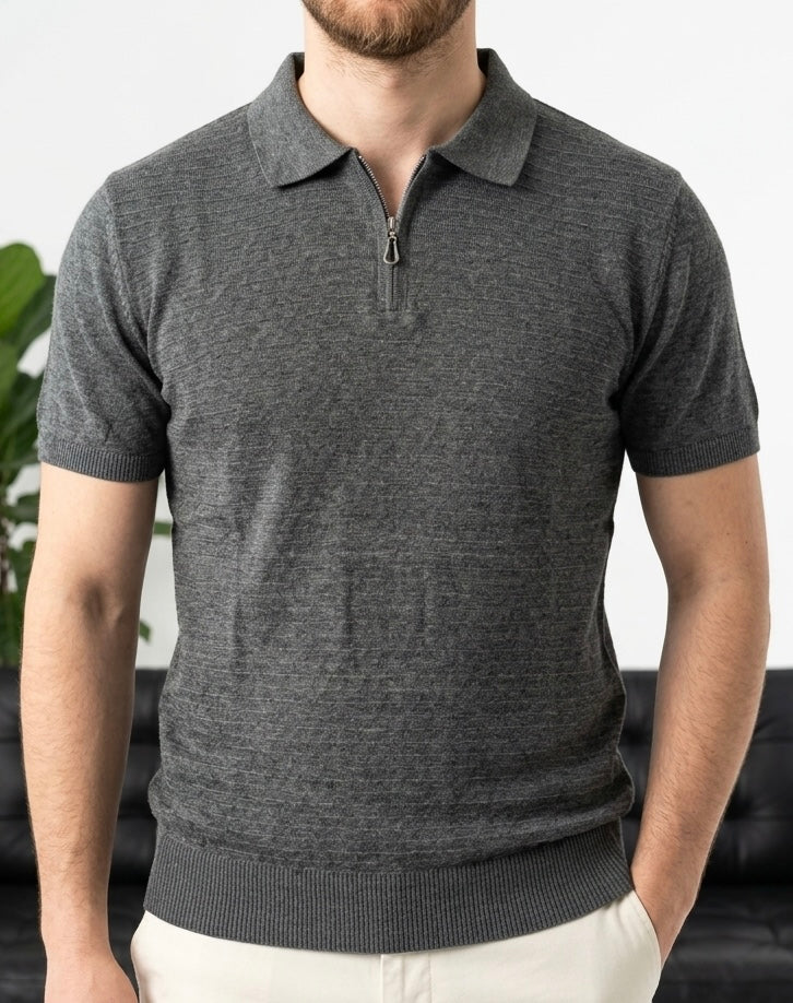 Hümra Antrasit Yarım Fermuarlı Triko Polo T-Shirt