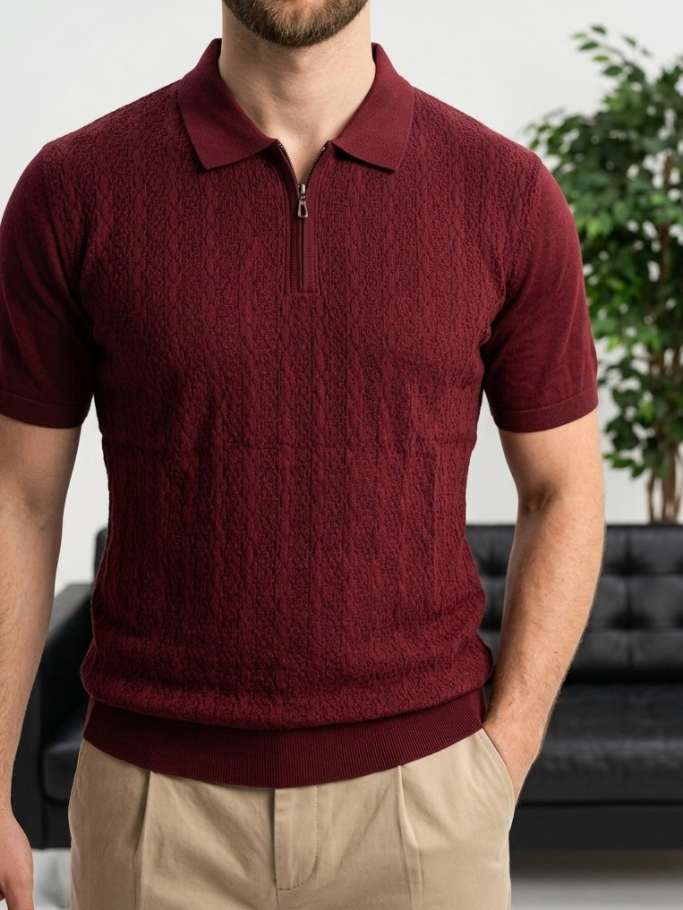 Hümra Bordo Yarım Fermuarlı Polo Yaka Triko Tişört