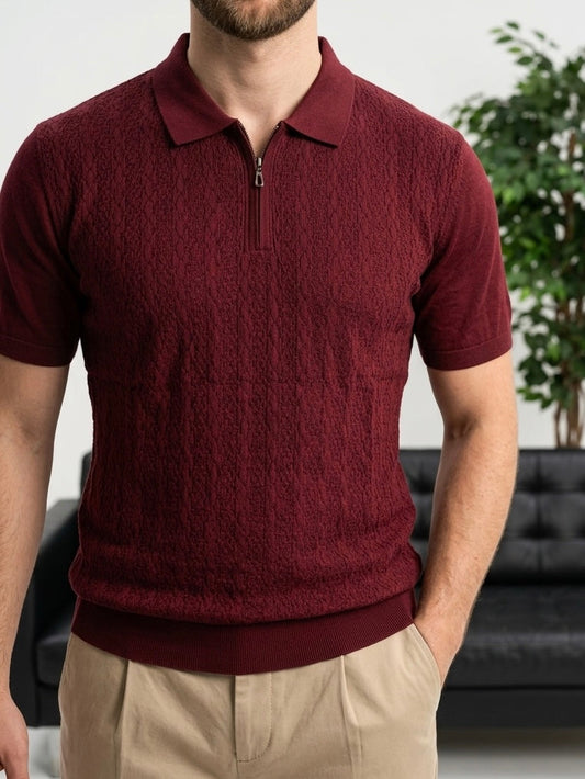 Hümra Bordo Yarım Fermuarlı Polo Yaka Triko Tişört