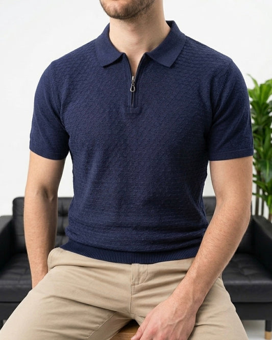 Hümra Lacivert Yarım Fermuarlı Triko Polo T-Shirt