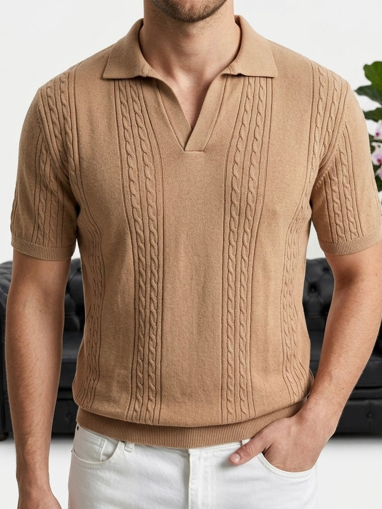 Hümra Kamel Saç Örgü Desenli Triko Polo Yaka T-shirt