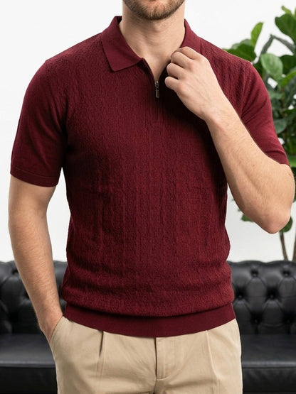 Hümra Bordo Yarım Fermuarlı Polo Yaka Triko Tişört