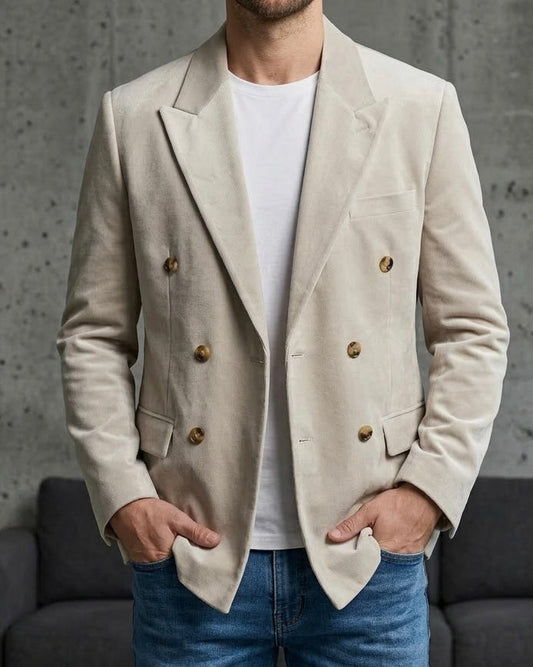 Hümra Açık Bej Fitilli Kadife Kruvaze Blazer Ceket