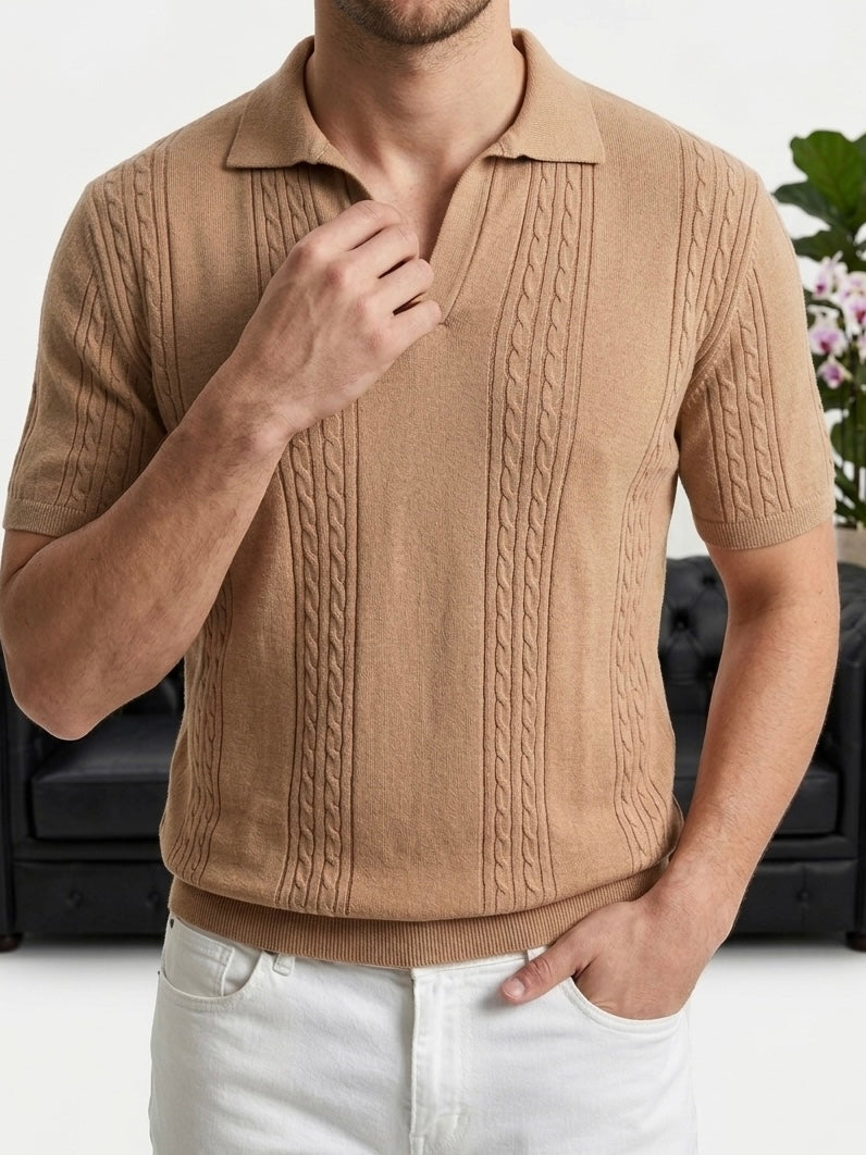 Hümra Kamel Saç Örgü Desenli Triko Polo Yaka T-shirt