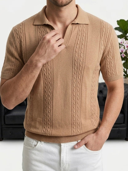Hümra Kamel Saç Örgü Desenli Triko Polo Yaka T-shirt