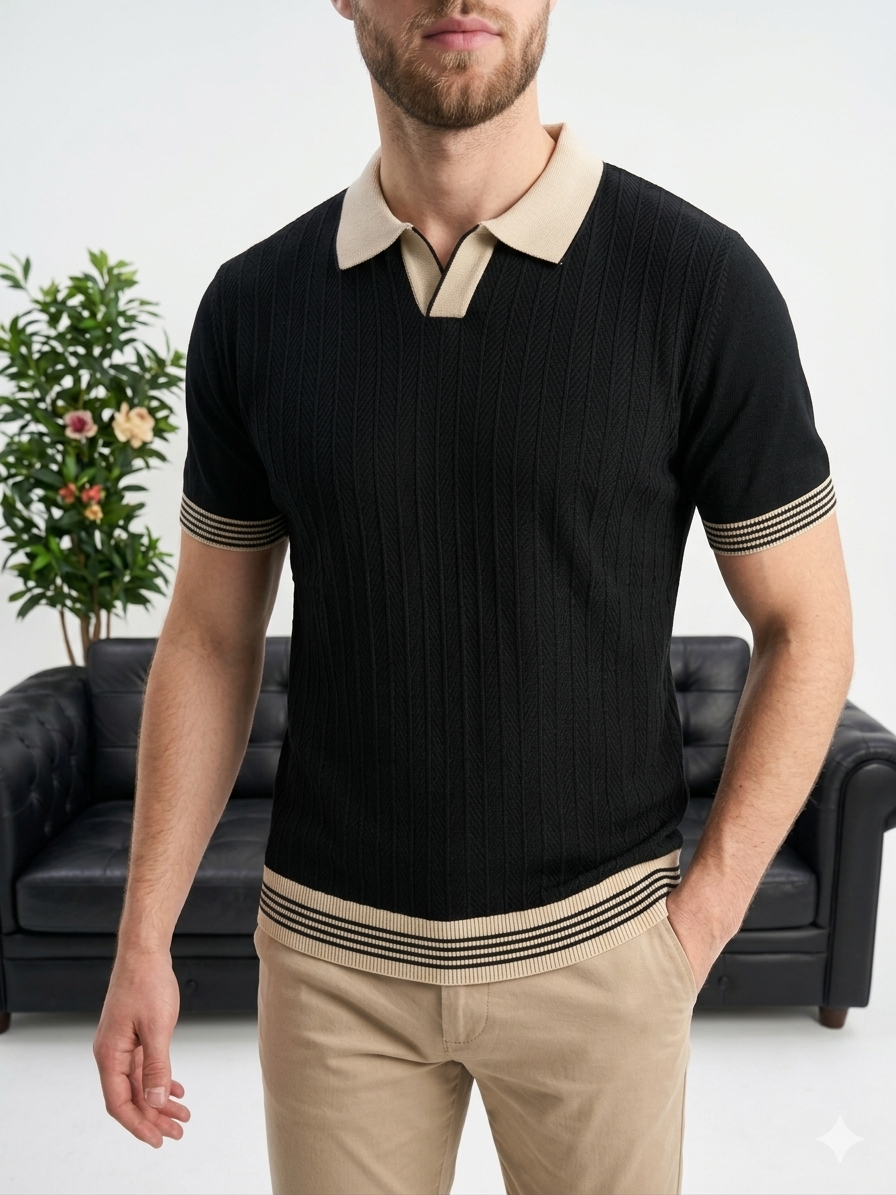 Hümra Siyah Polo Yaka Dokulu Triko T-shirt