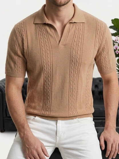Hümra Kamel Saç Örgü Desenli Triko Polo Yaka T-shirt