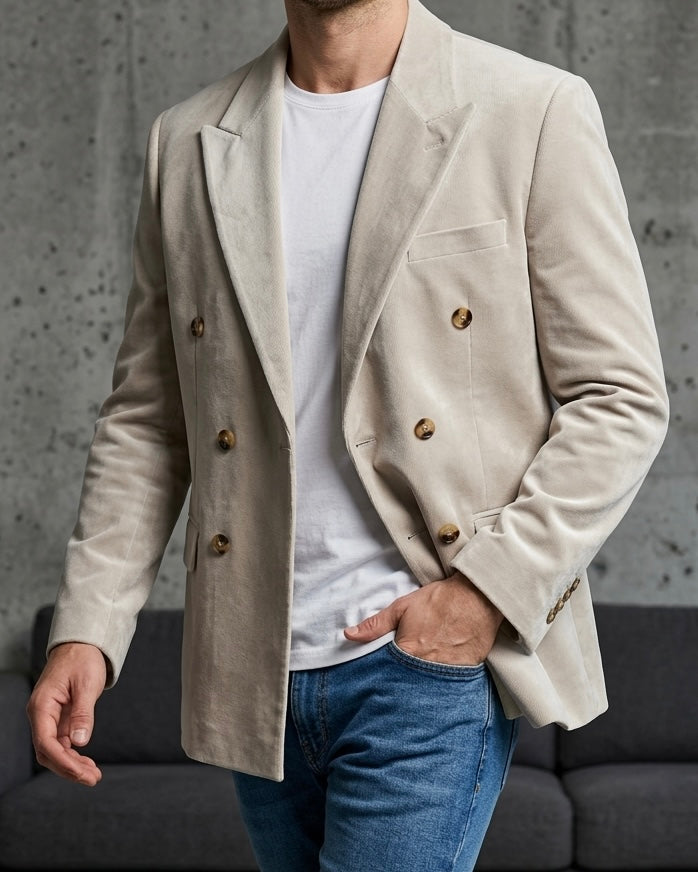 Hümra Açık Bej Fitilli Kadife Kruvaze Blazer Ceket