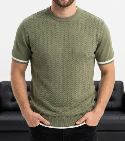 Hümra Haki Bisiklet Yaka Kontrast Detaylı Triko Tişört