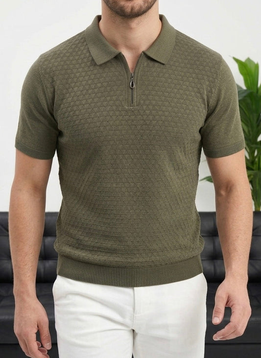 Hümra Haki Yarım Fermuarlı Triko Polo T-Shirt