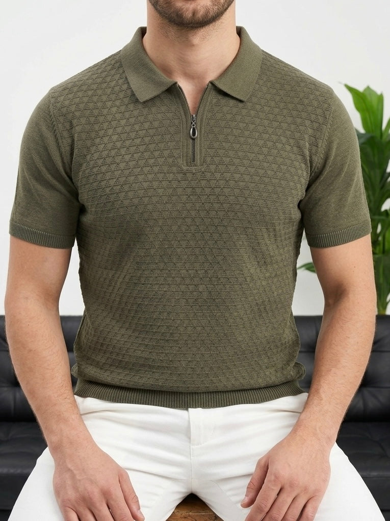 Hümra Haki Yarım Fermuarlı Triko Polo T-Shirt